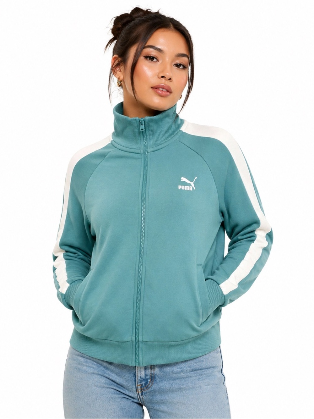 Puma T7 Track Jacket Medium Teal Zip Up Stripe Retro Y2K Athleisure Streetwear